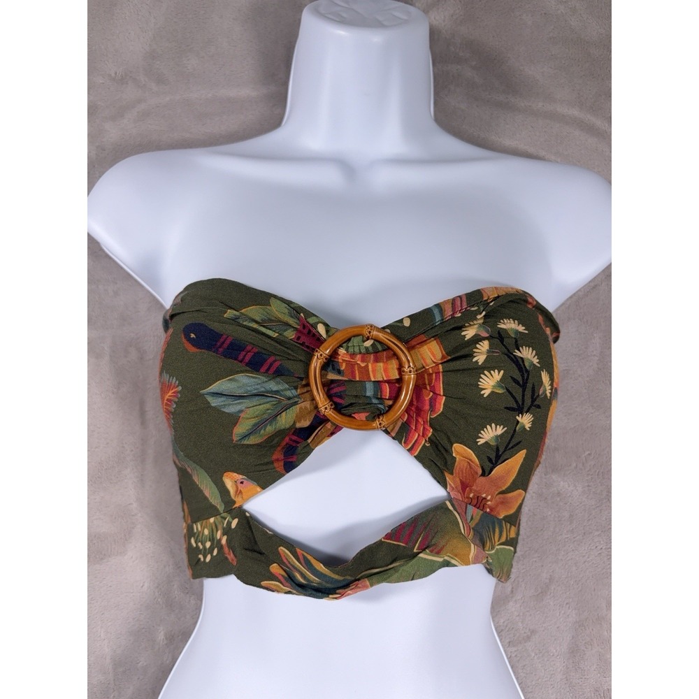 Farm Rio Crop Top Womens P Green Tropical Floral Strapless Cutout Bamboo Ring